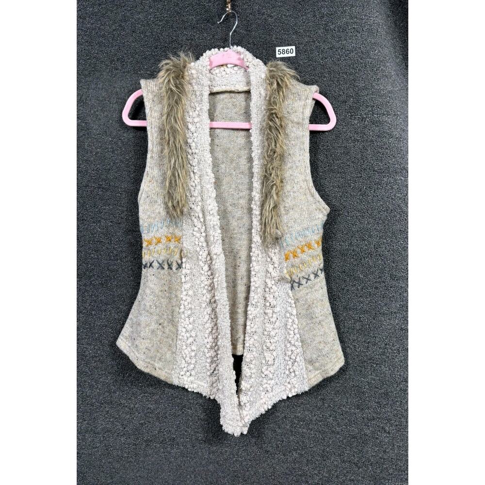 Lulumari Fleece Vest With Faux Fur Collar Womens Size M Beige Fair Isle Bohemian
